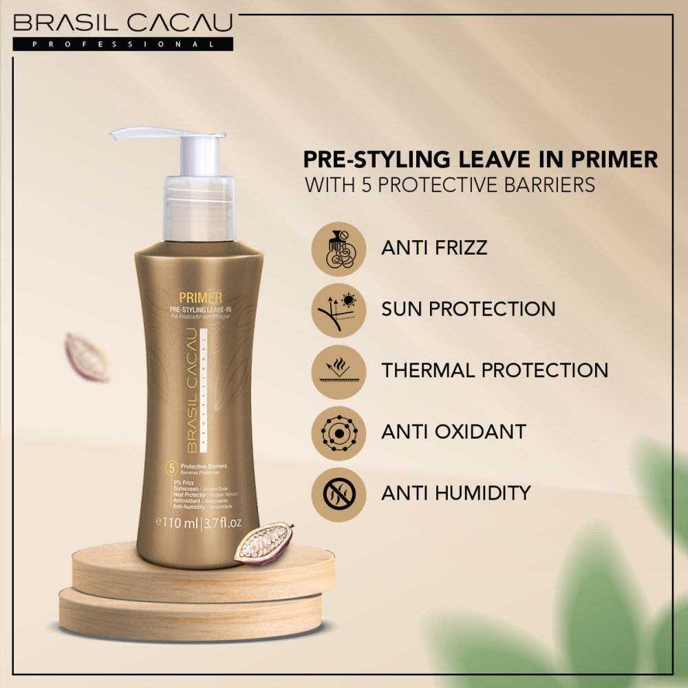 Cadiveu Brasil Cacau Primer - Soin Sans Rincage Pre-Coiffage avec 5 Barrieres Protectrices - 110ml