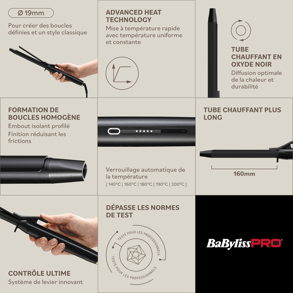 BaBylissPRO Curling Tong 19mm for Defined Curls and Classic Styles (BAB2492E)