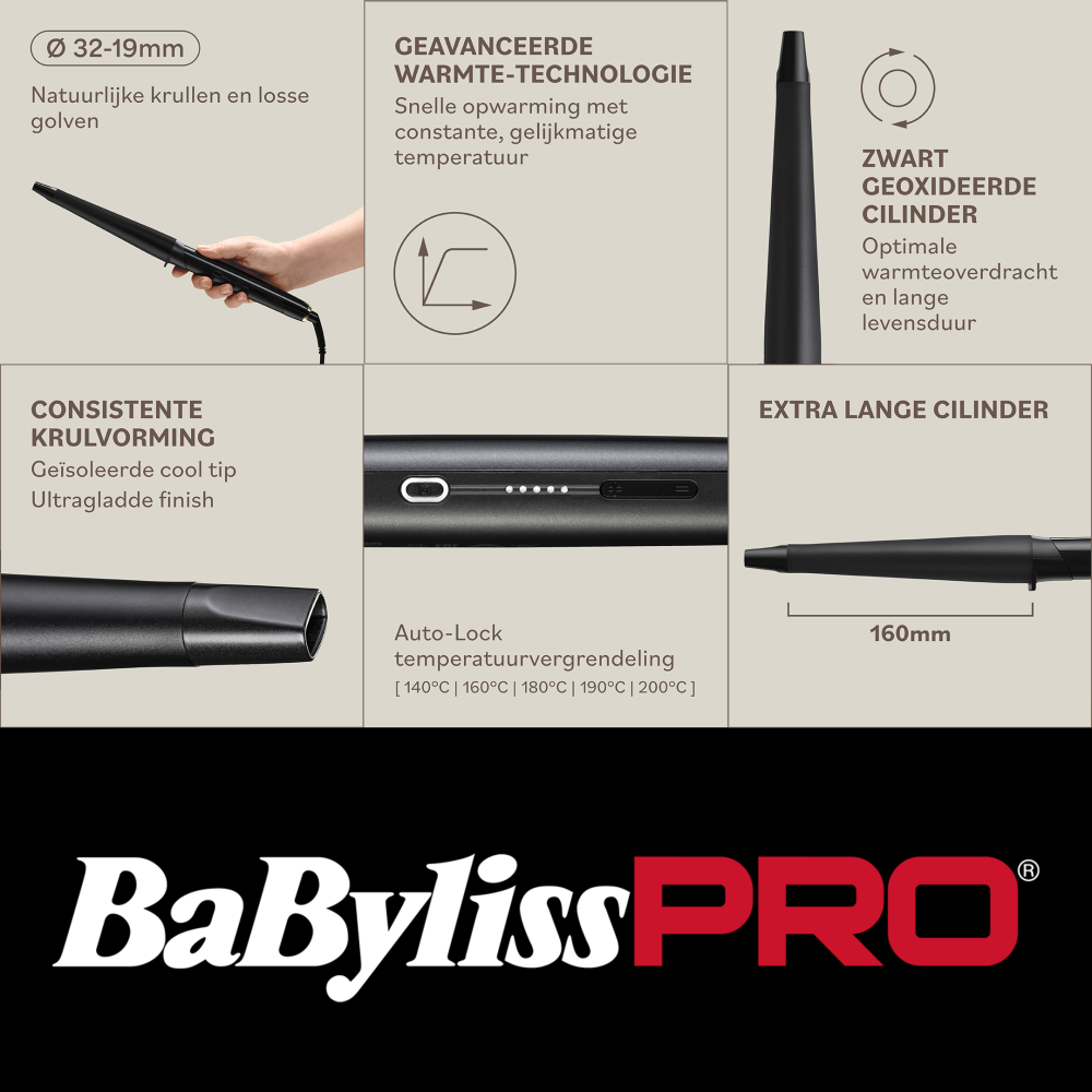BaBylissPRO Fer a boucler conique 32-19mm pour boucles larges et ondulations (BAB2481E)