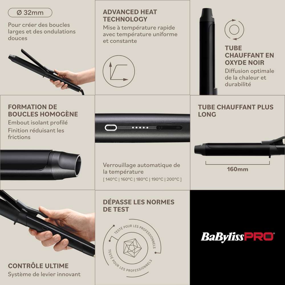 BaBylissPRO Curling Tong 32mm for Big Curls and Soft Waves (BAB2494E)