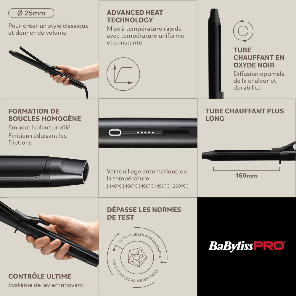 BaBylissPRO Curling Tong 25mm for Effortless Defined Curls (BAB2493E)
