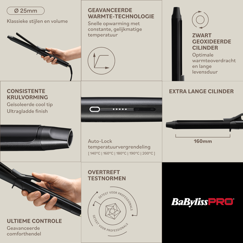 BaBylissPRO Curling Tong 25mm for Effortless Defined Curls (BAB2493E)
