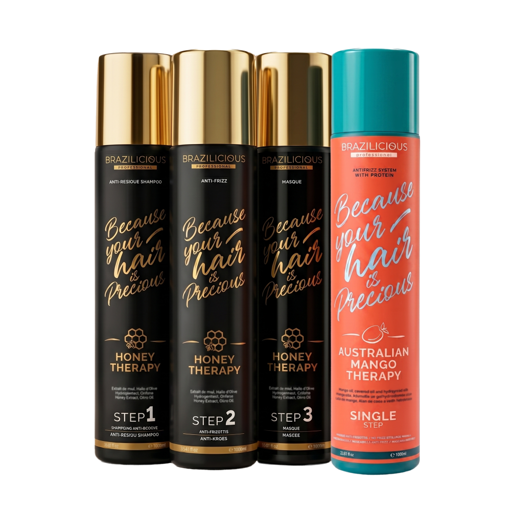 Brazilicious Japanse Keratinebehandeling - Honey 3-Stappen + Mango Single Step - 4x1000ml