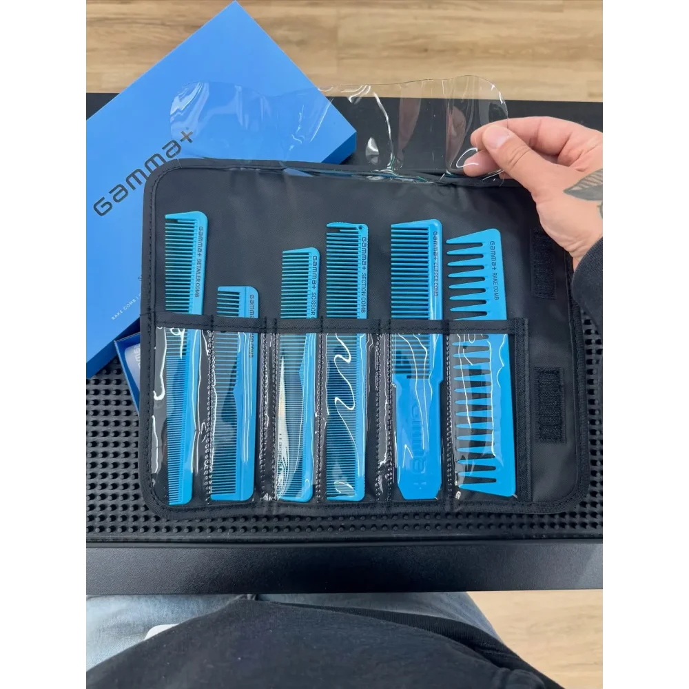 Gamma+ Set de peignes barbier bleu clair - 6 peignes professionnels avec housse de rangement