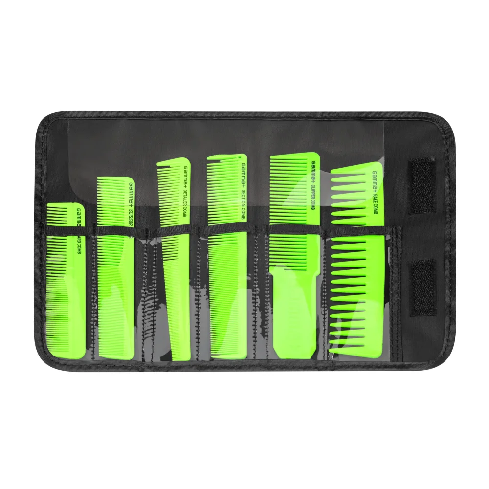 Gamma+ Set de peignes barbier vert - 6 peignes professionnels avec housse de rangement