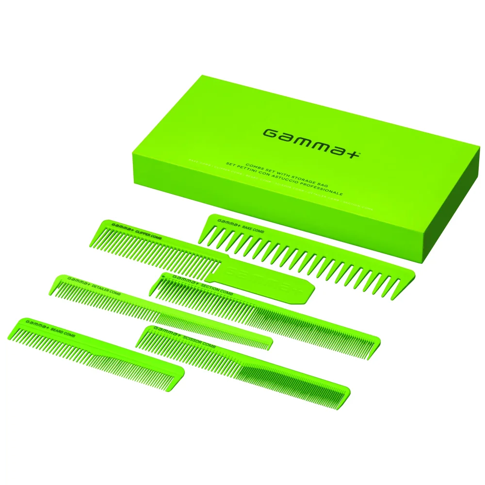 Gamma+ Set de peignes barbier vert - 6 peignes professionnels avec housse de rangement