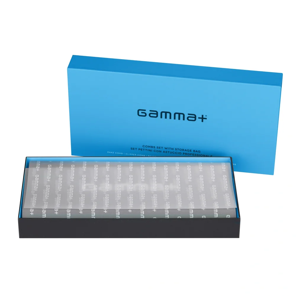 Gamma+ Set de peignes barbier bleu clair - 6 peignes professionnels avec housse de rangement