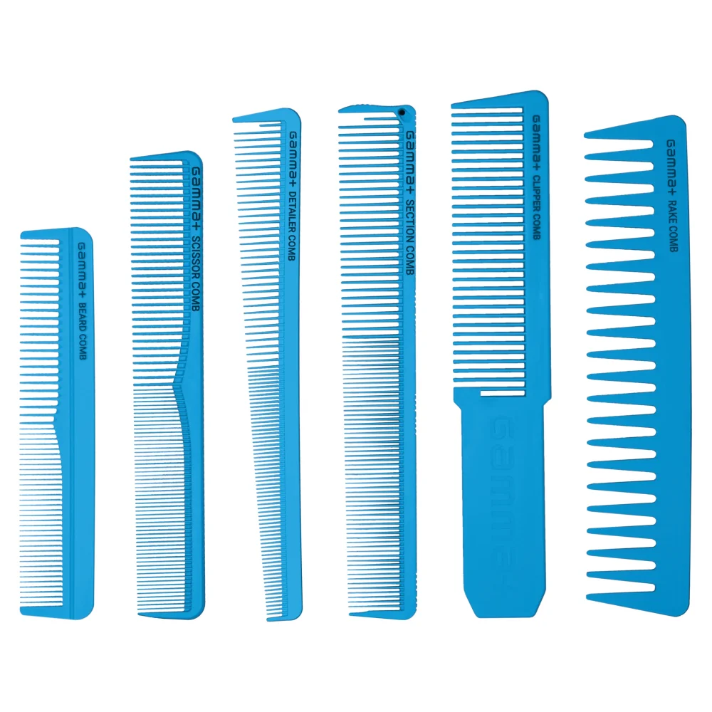 Gamma+ Set de peignes barbier bleu clair - 6 peignes professionnels avec housse de rangement