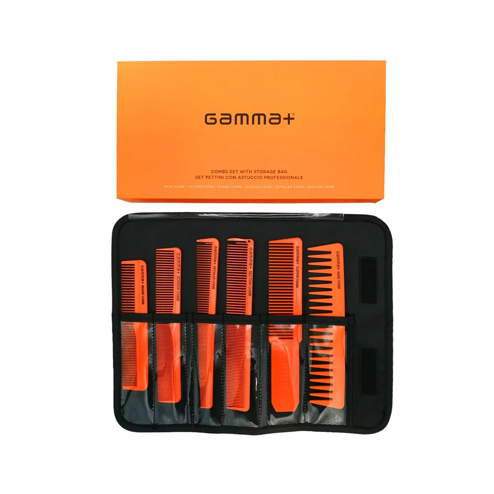 Gamma+ Set de peignes barbier orange - 6 peignes professionnels avec housse de rangement