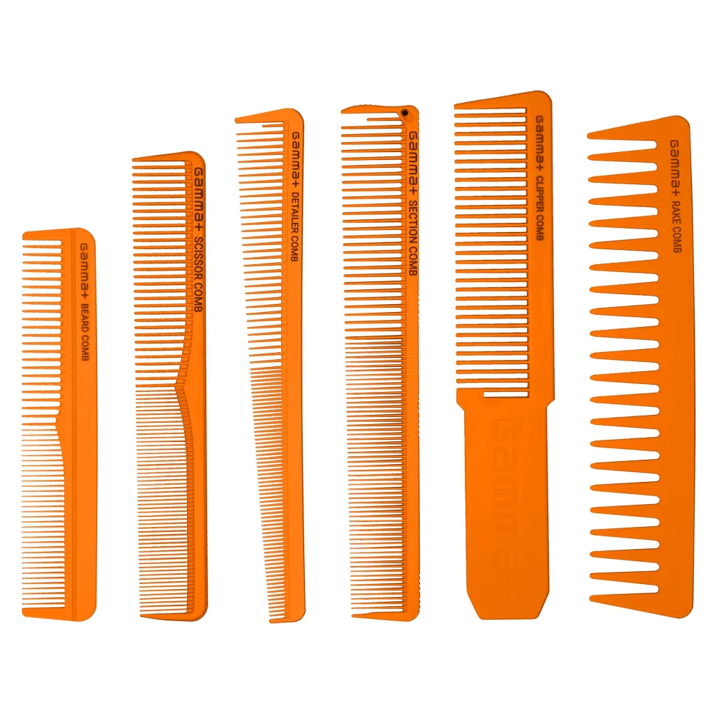 Gamma+ Set de peignes barbier orange - 6 peignes professionnels avec housse de rangement