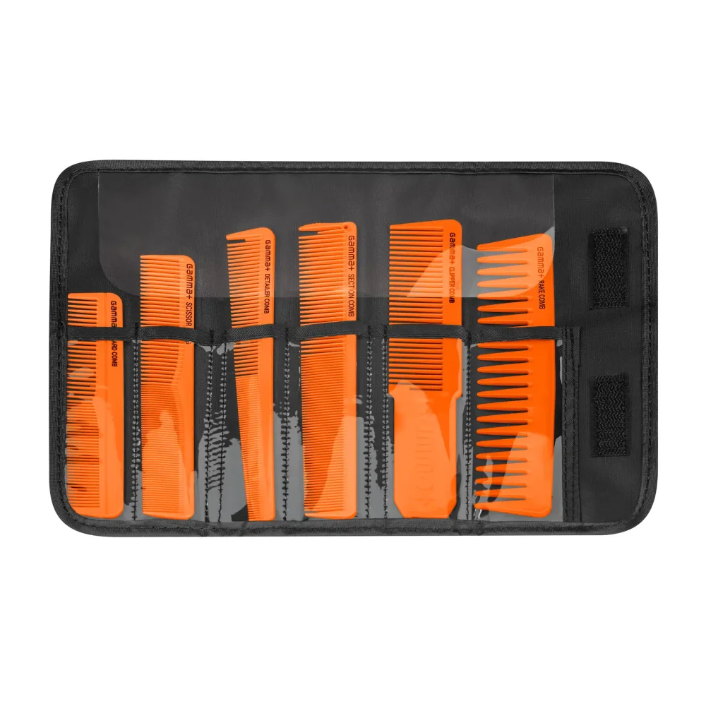 Gamma+ Set de peignes barbier orange - 6 peignes professionnels avec housse de rangement