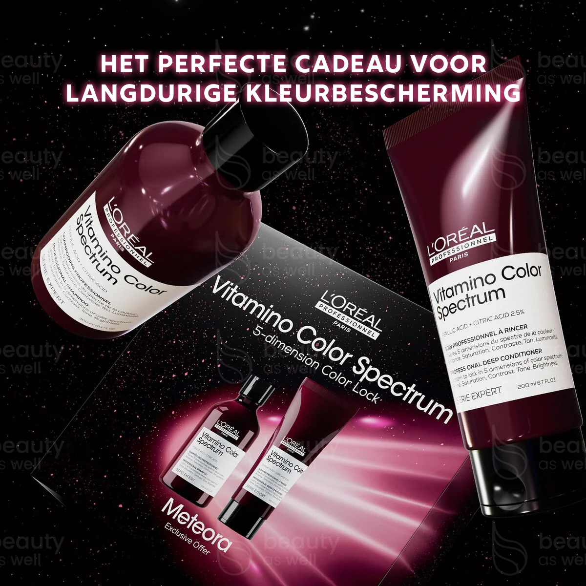 Professionele duo voor langdurige kleurbriljantie L'Oreal Vitamino Color Spectrum Meteora geschenkset met shampoo en conditioner in luxe verpakking voor gekleurd haar