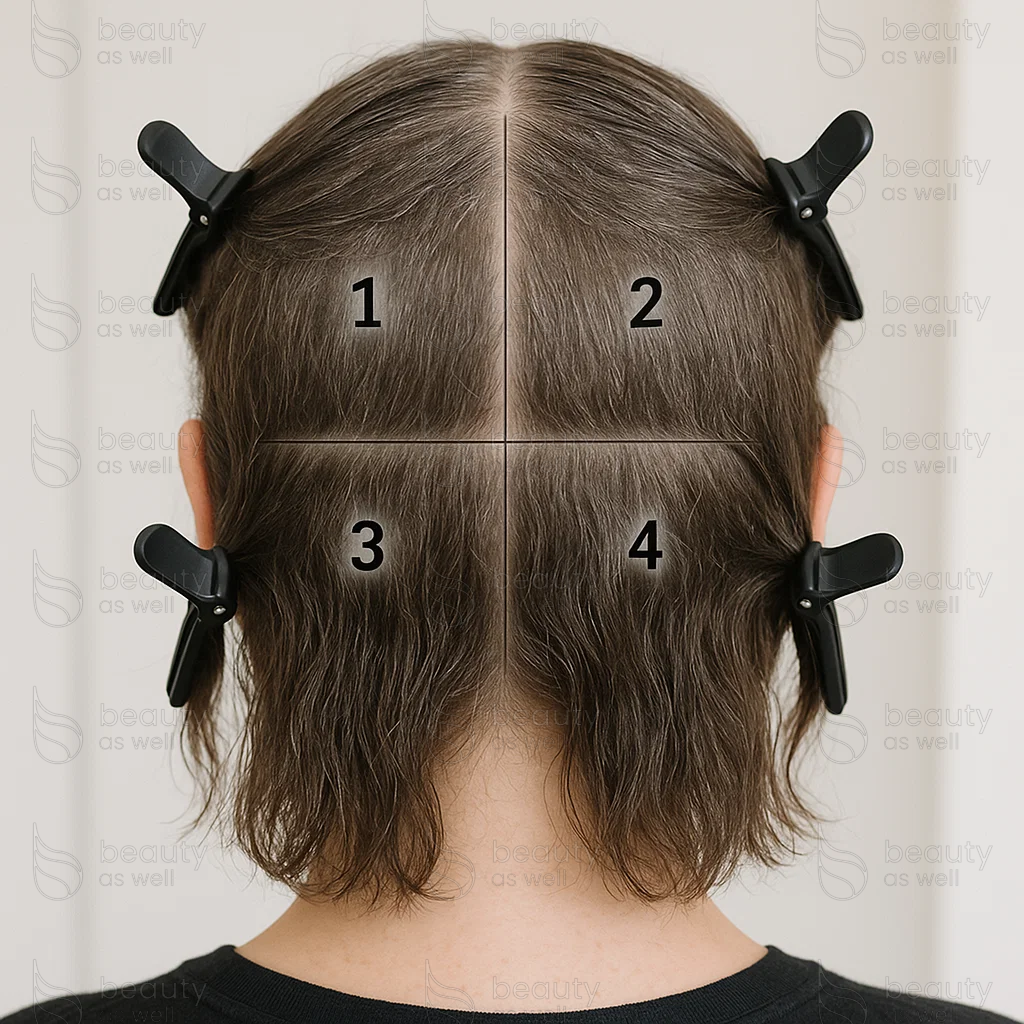 Cheveux divisés en 4 sections avant traitement kératine