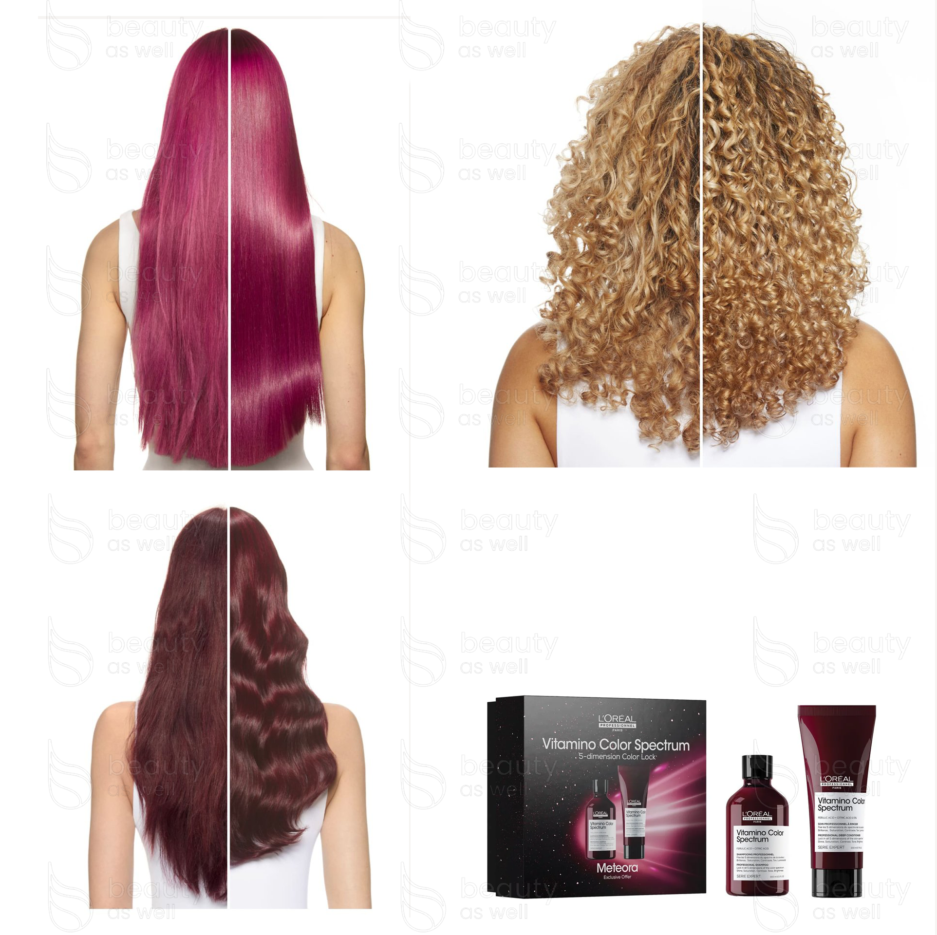 Before and After: 4 weeks of consistent use Before and after results of L'Oreal Vitamino Color Spectrum Meteora system showing enhanced color vibrancy, shine, and smoothness