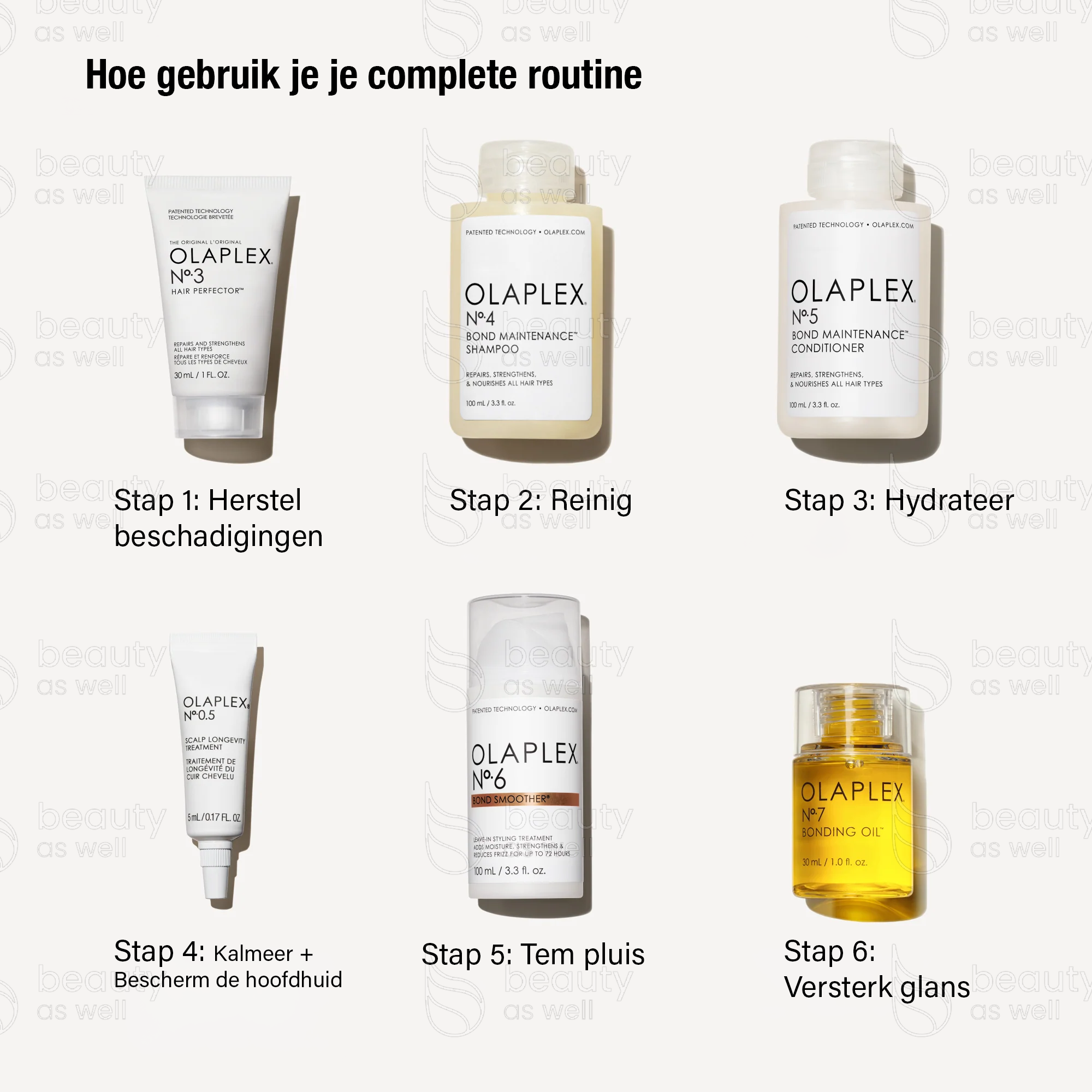Complete 6-stappenroutine Complete 6-stappenroutine met Nº.3, Nº.4, Nº.5, hoofdhuidbehandeling, Nº.6, Nº.7