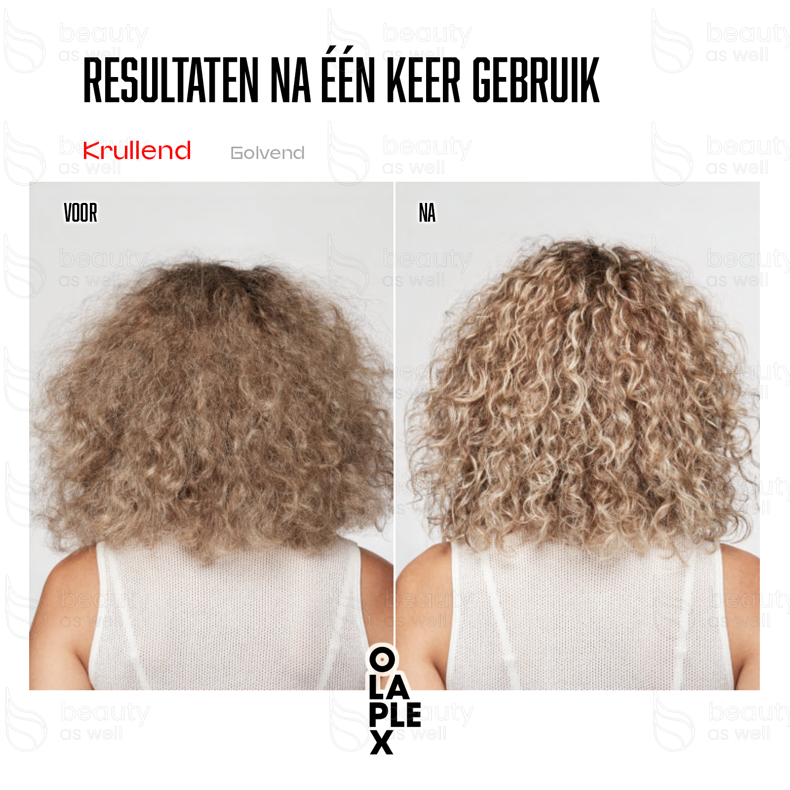 Resultaten op krullend haar OLAPLEX Nº.8 voor en na op krullend haar: intens gehydrateerd, meer definitie en zachtheid