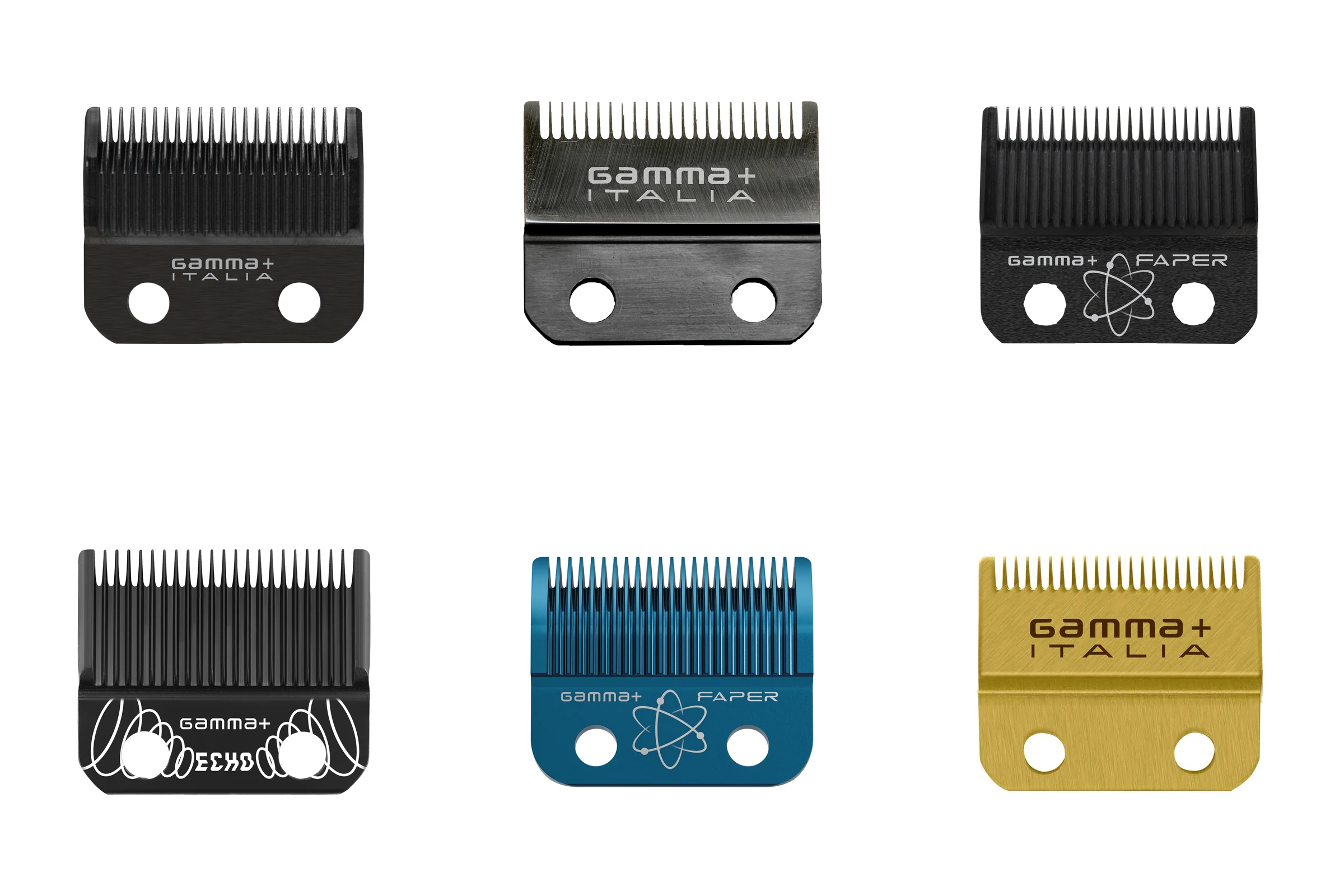 Les six lames fixes Gamma+ : Taper DLC, Fade DLC, Faper DLC, Echo Premium DLC, Faper Blue Titanium et Fade Gold Titanium